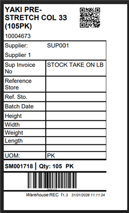 ScanMan barcode label sample with supplier, batch and quantity fields, plus a QR code for mobile inventory visibility on iPhone and Android